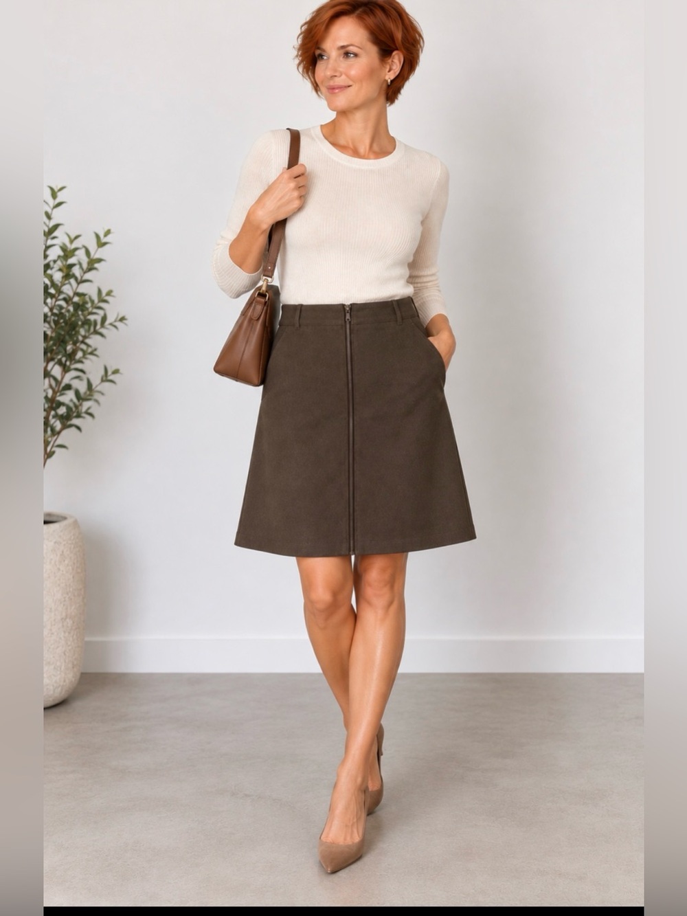 Lord & Taylor Brown Front-Zip Midi Skirt